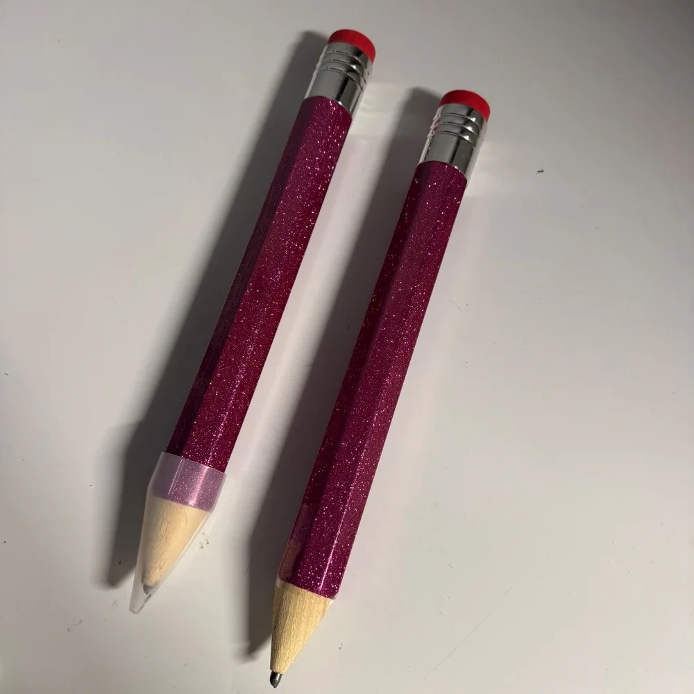 Set of 2 Jumbo Pink Glitter Pencils Novelty Oversized Prop Teacher Gift Magenta